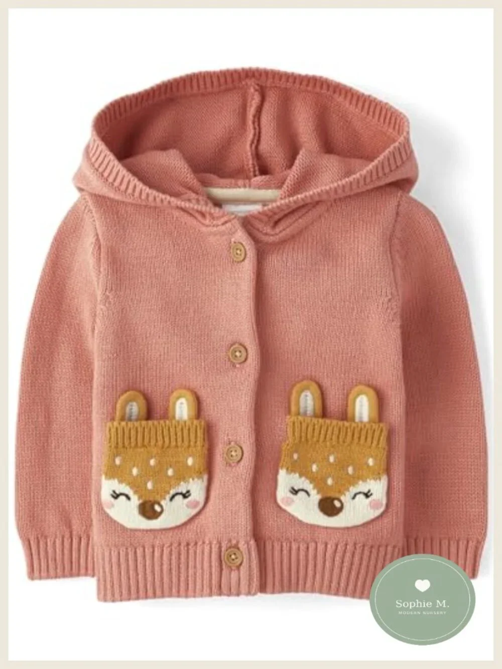 Organic Cotton Baby Cardigan Sweater with Hood and Deer Patch